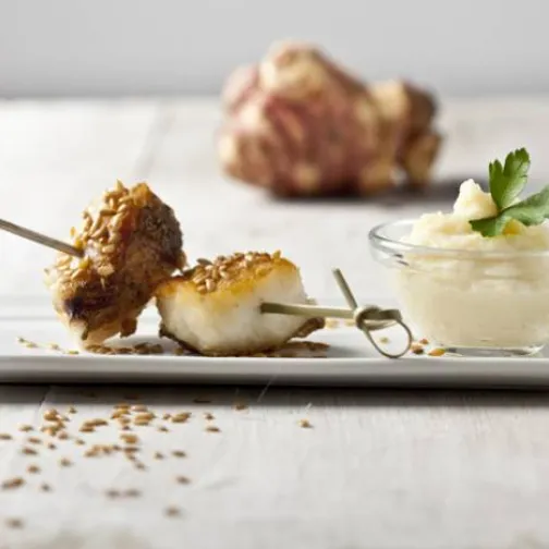 Crema topinambur con bocconcini di pesce